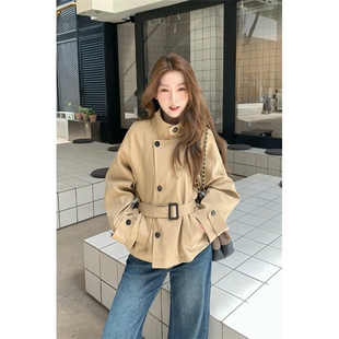 2026春秋季新品韩系短款风衣外套女款英伦风时尚气质立领收腰外套