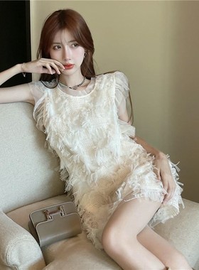 夏季高腰设计感流苏背心a字短裙别致性感圆领套头时尚仙女连衣裙
