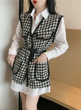 2026春秋三件套新款中长款衬衫显瘦减龄千鸟格马甲外套时尚套装女