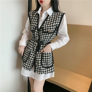 2026春秋三件套新款中长款衬衫显瘦减龄千鸟格马甲外套时尚套装女