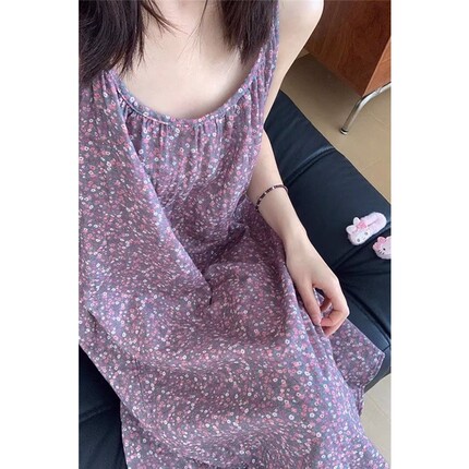 高级感紫色碎花吊带睡裙女夏季薄款宽松甜美无袖连衣裙睡衣家居服