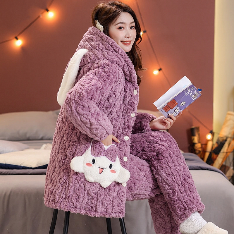 睡衣女士冬季三层加厚加绒夹棉法兰绒珊瑚绒秋冬天保暖家居服套装