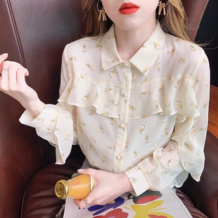 碎花雪纺衬衫女长袖2026春秋新款娃娃领上衣荷叶边洋气超仙小衫女