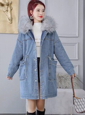 加绒加厚牛仔棉服外套女秋冬新款韩版大码宽松洋气百搭中长款棉衣