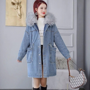 加绒加厚牛仔棉服外套女秋冬新款韩版大码宽松洋气百搭中长款棉衣