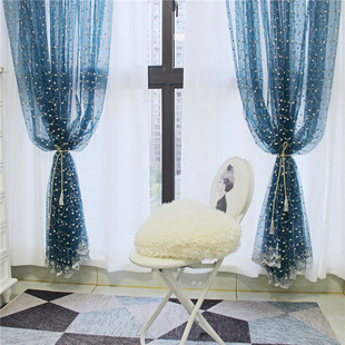 蓝色窗纱纱帘绣花高档清新飘逸!北欧窗纱纱帘窗帘纱阳台飘窗客厅