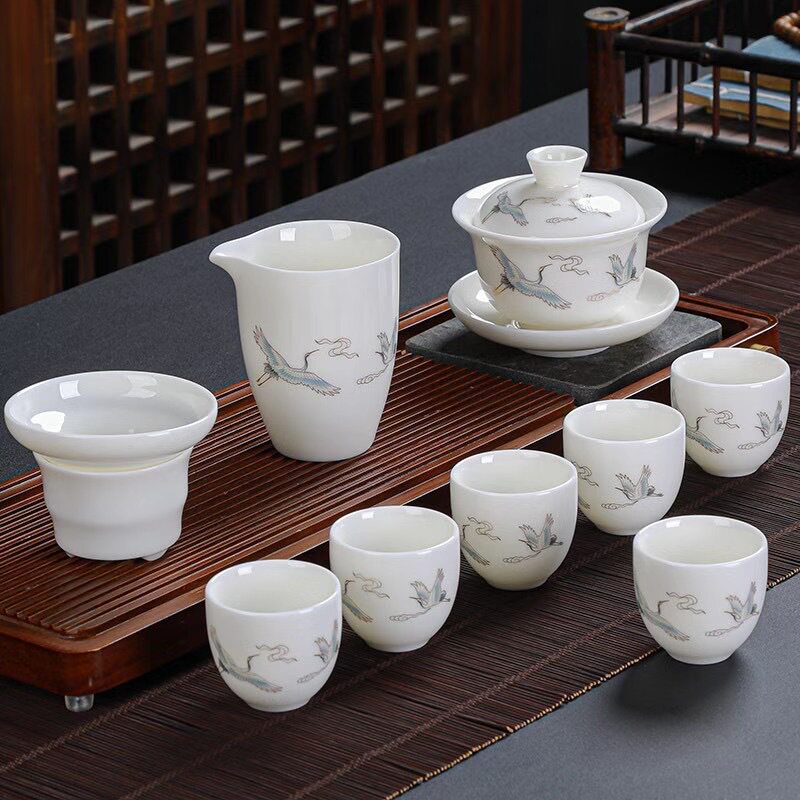 化羊脂玉白瓷茶具套装10头茶具套装描金商务功夫茶具套装