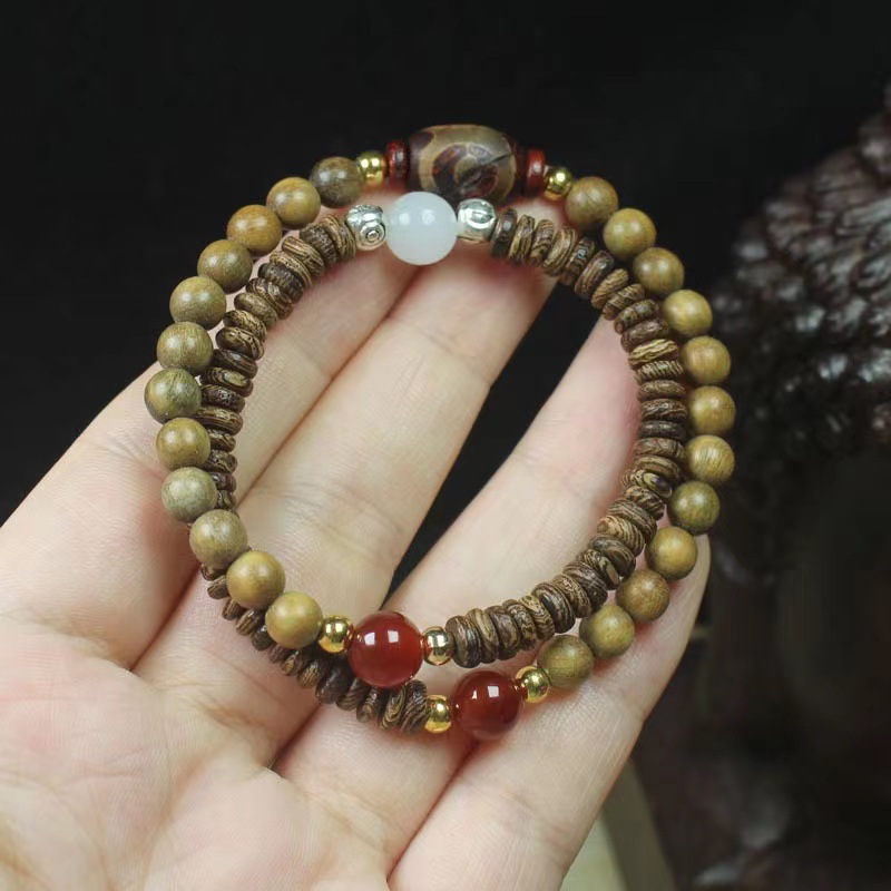 藏式民族风绿檀木鸡翅木片珠双圈手串文玩珠手链文玩木质工艺品