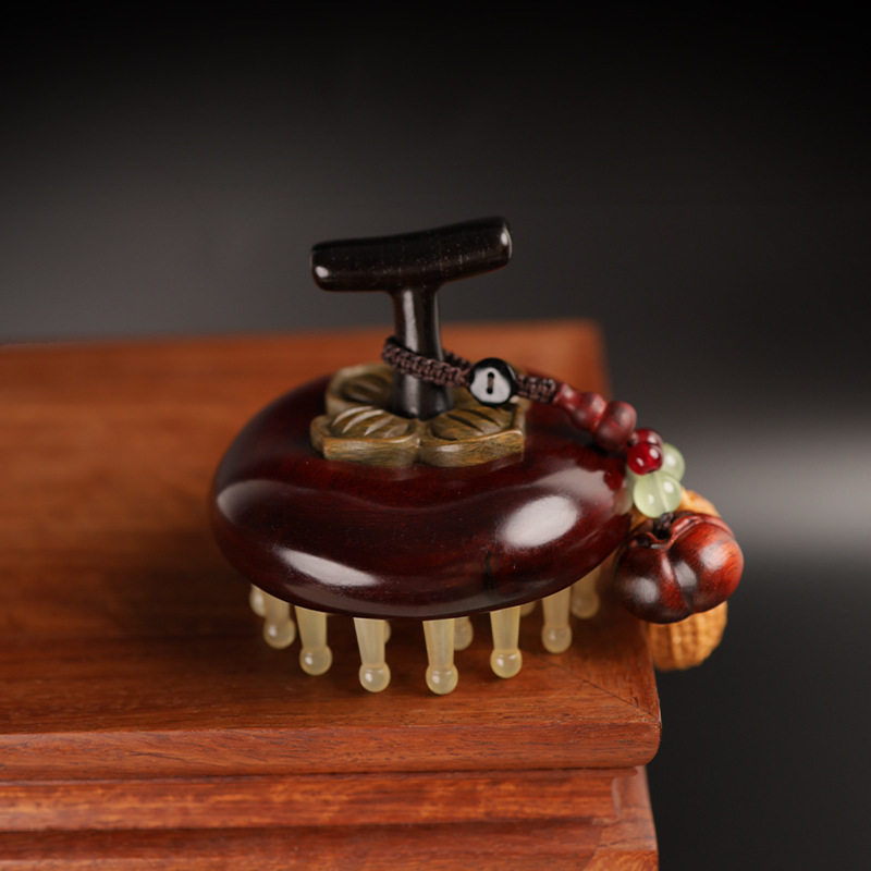 缎光紫檀木柿柿如意柿子按摩梳紫光檀羊角梳头皮经络刮痧实木梳