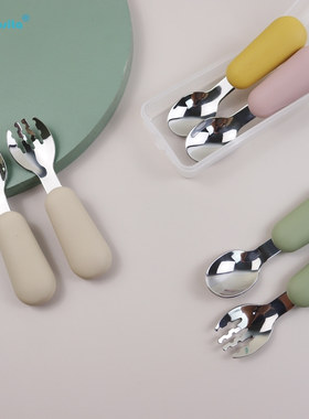 宝宝自主吃饭辅食食品级硅胶316不锈钢叉勺 儿童便携餐具勺子叉子