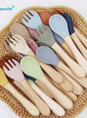 宝宝硅胶软叉勺子 辅食餐具 婴儿学吃饭木柄叉勺 儿童防滑餐具