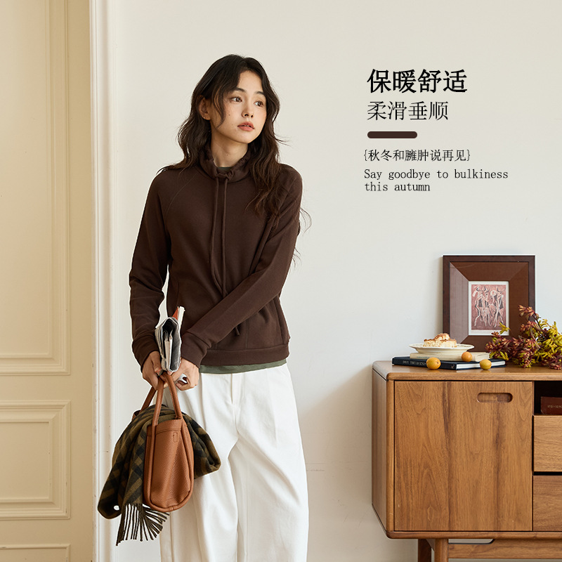 天丝羊毛抽绳上衣宽松休闲慵懒打底衫女秋冬磨毛运动套头卫衣上衣