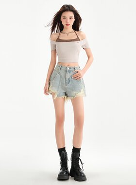 新塘独特超好看破洞牛仔短裤女2025年夏季新款浅蓝色毛边外穿热裤