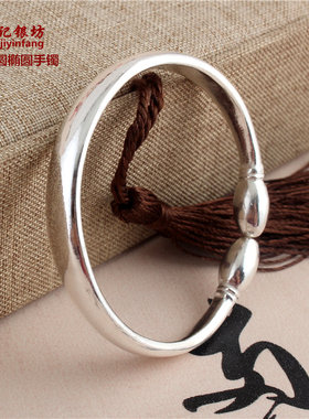 仙记银坊 纯手工 S999纯银蒜头光面银手镯贵扁款妃镯 半圆椭圆头