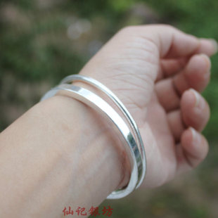 方条圆条闭口银手镯子s999纯银手镯女光面闭合双圈连环乾坤圈手镯