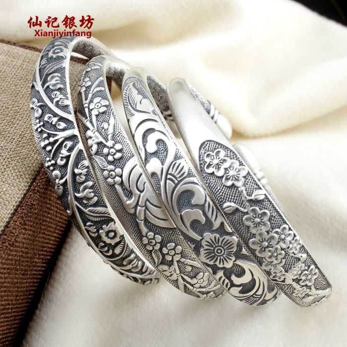 复古风磨砂拉丝椭圆头纯银手镯