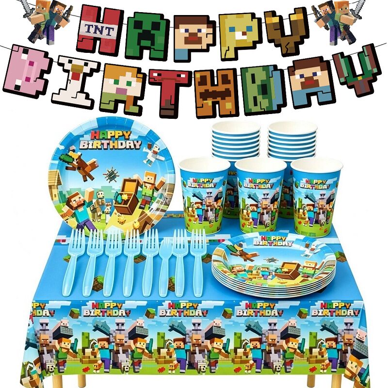 我的世界主题像素大战生日派对装饰场景布置一次性桌布纸杯盘帽