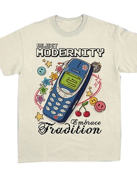 Reject Modernity拒绝现代性插画手机砖墙图案美式休闲风短袖T恤