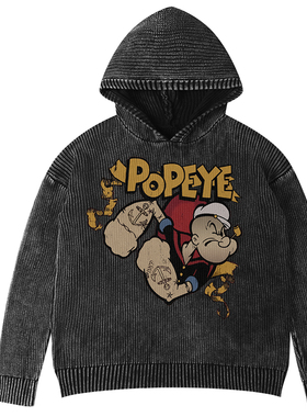 2025新款Popeye大力水手经典动画片波派菠菜水洗复古美式连帽毛衣