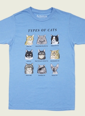 TYPES OF CATS LIGHT BLUE狗猫的类型浅蓝色 美式复古简约短袖T恤