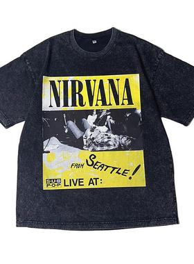 2025新款Nirvana乐队Seattle西雅图摇滚涅槃复古水洗vintageT恤男