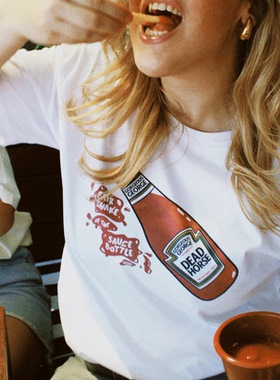 酱汁番红色茄酱图案印花美式休闲日常简约宽松直喷男士女T恤短袖