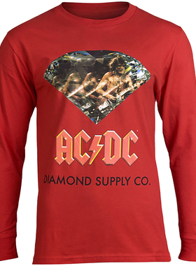 2025秋季新款ACDC乐队摇滚风美式复古钻石文字图休闲红色长袖T恤