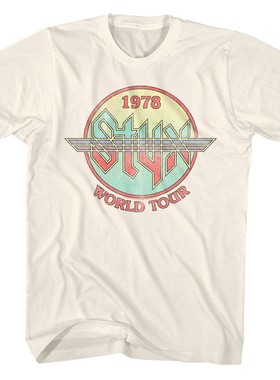 1987styx乐队杏色黑色摇滚朋克复古欧美朋克短袖T恤