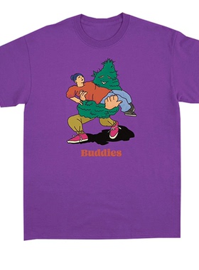 Buddies朋友卡通插画图印花美式男女同款紫色宽松休闲短袖纯棉T恤