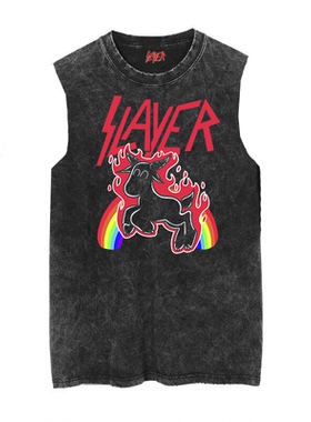 SLAYER杀手乐队激流金属god hates usall做旧水洗复古蜡染无袖T恤