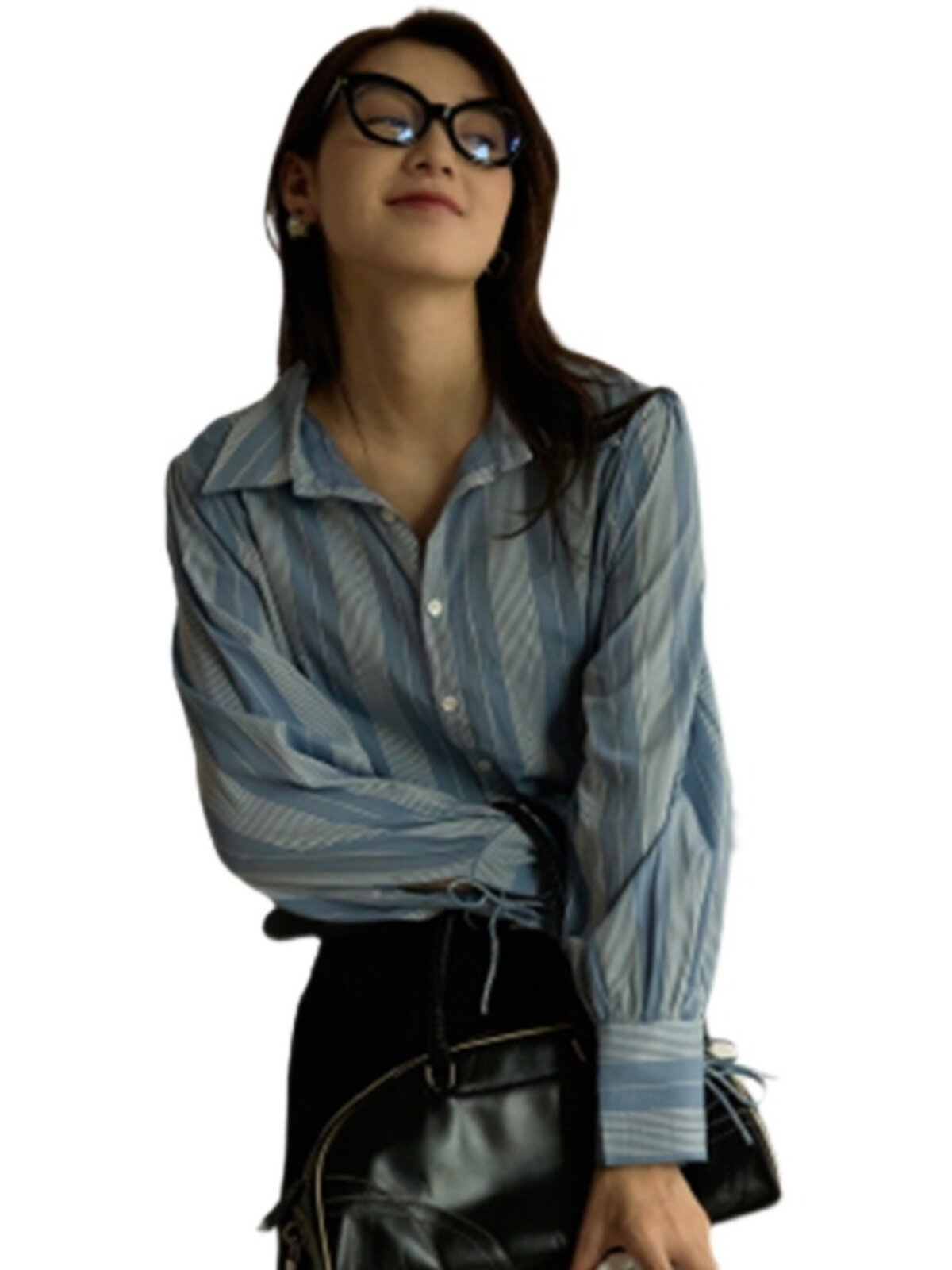 PERIWINKLE BLUE SHIRT WOMENS SPRING 2024 KOREAN VINTAGE LADIES BLUE STRIPED SHIRT LOOSE LONG SLEEVE TOP