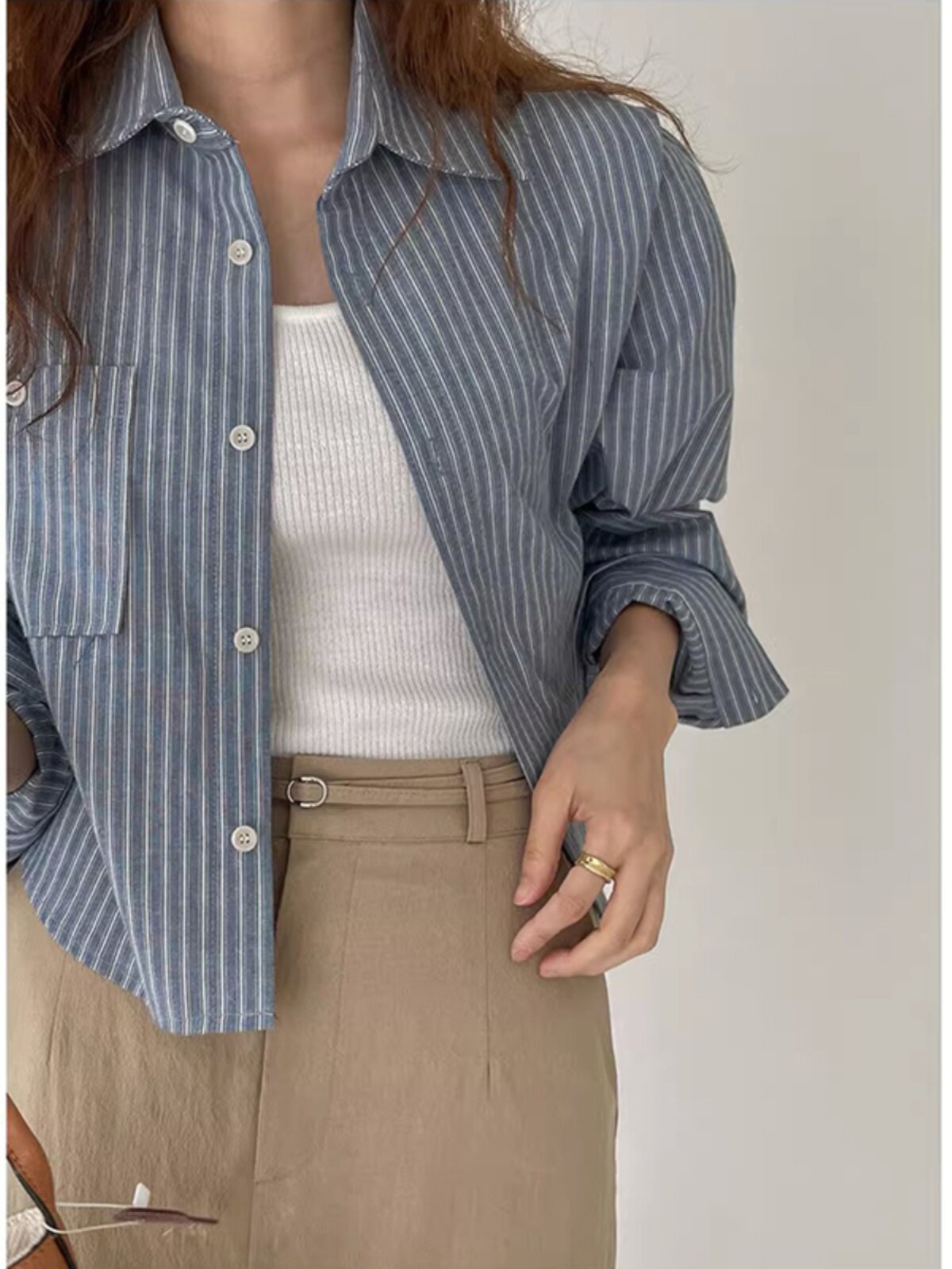 [SPOT] BLUE VERTICAL STRIPED SHIRT WOMENS EARLY SPRING 2024 KOREAN NICHE FRENCH LONG SLEEVE SHIRT TOP