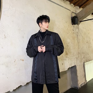 秋装新款个性气质口袋织带宽松长袖衬衣男A345-1150-P75图片