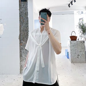 夏季超薄男白衬衣胸前飘带设计小众百搭燕尾上衣A345-1202-P65图片