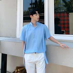 夏季超薄面料男衬衣皱面百搭胸前飘带设计蓝衬衫A345-1080-P65图片