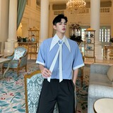 2025新款个性撞色领蓝色短袖衬衣韩版上衣男A345-1095-P65，男装T恤，电商A345