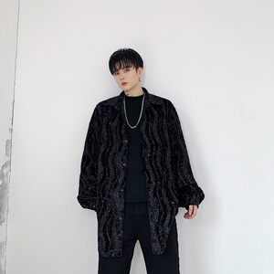 2025春秋新款手绘水波纹方领不规则衬衣外套男A345-1151-P75图片