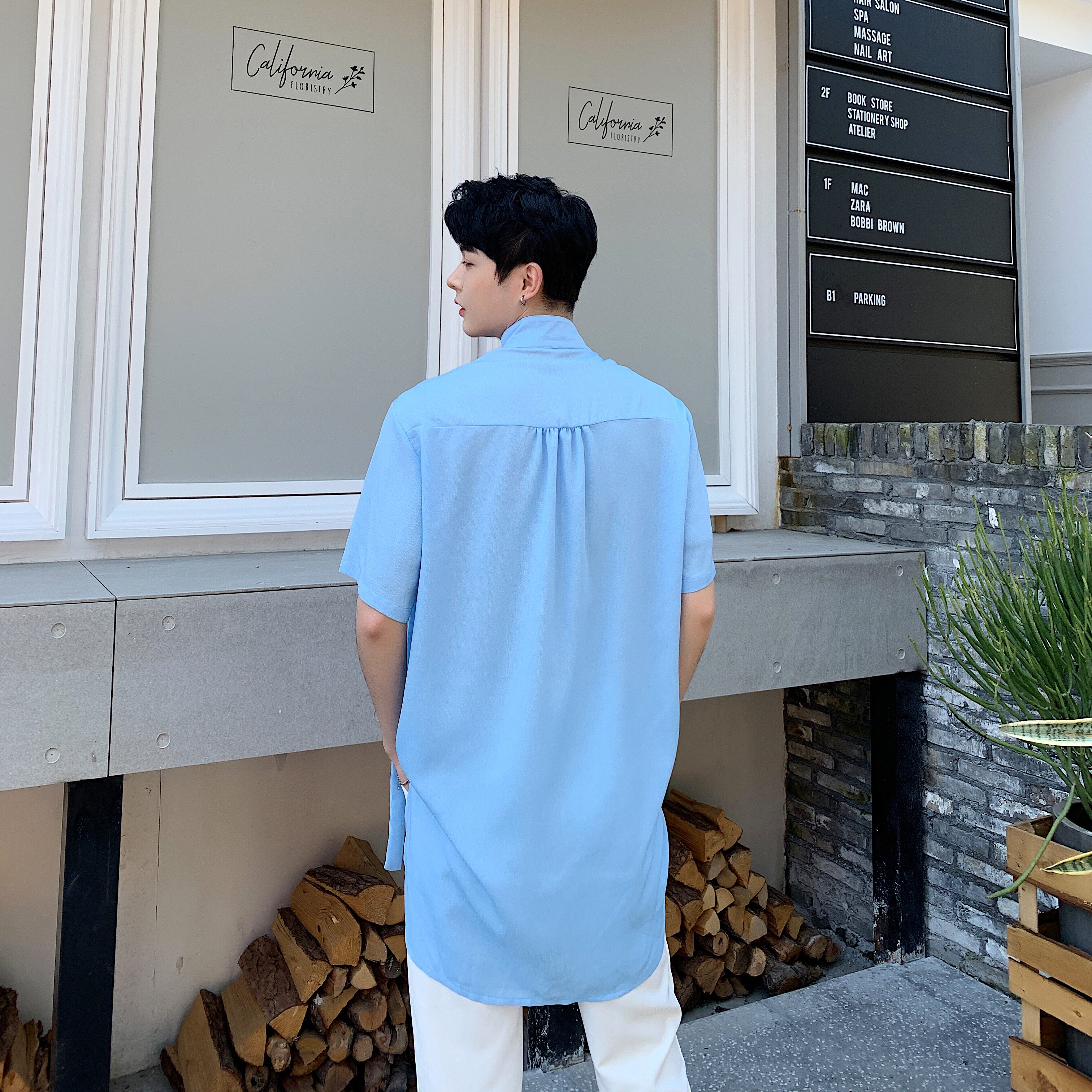 夏季超薄面料男衬衣皱面百搭胸前飘带设计蓝衬衫A345-1080-P65,男装衬衫,电商A345