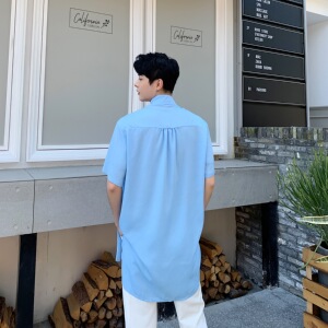 夏季超薄面料男衬衣皱面百搭胸前飘带设计蓝衬衫A345-1080-P65图片