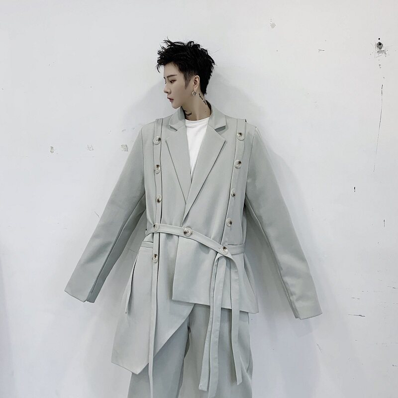 米白不对称单排扣中性复古绑带男女同款西服上衣A345-1170-P135,男装西服,电商A345