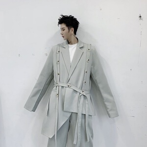 米白不对称单排扣中性复古绑带男女同款西服上衣A345-1170-P135图片