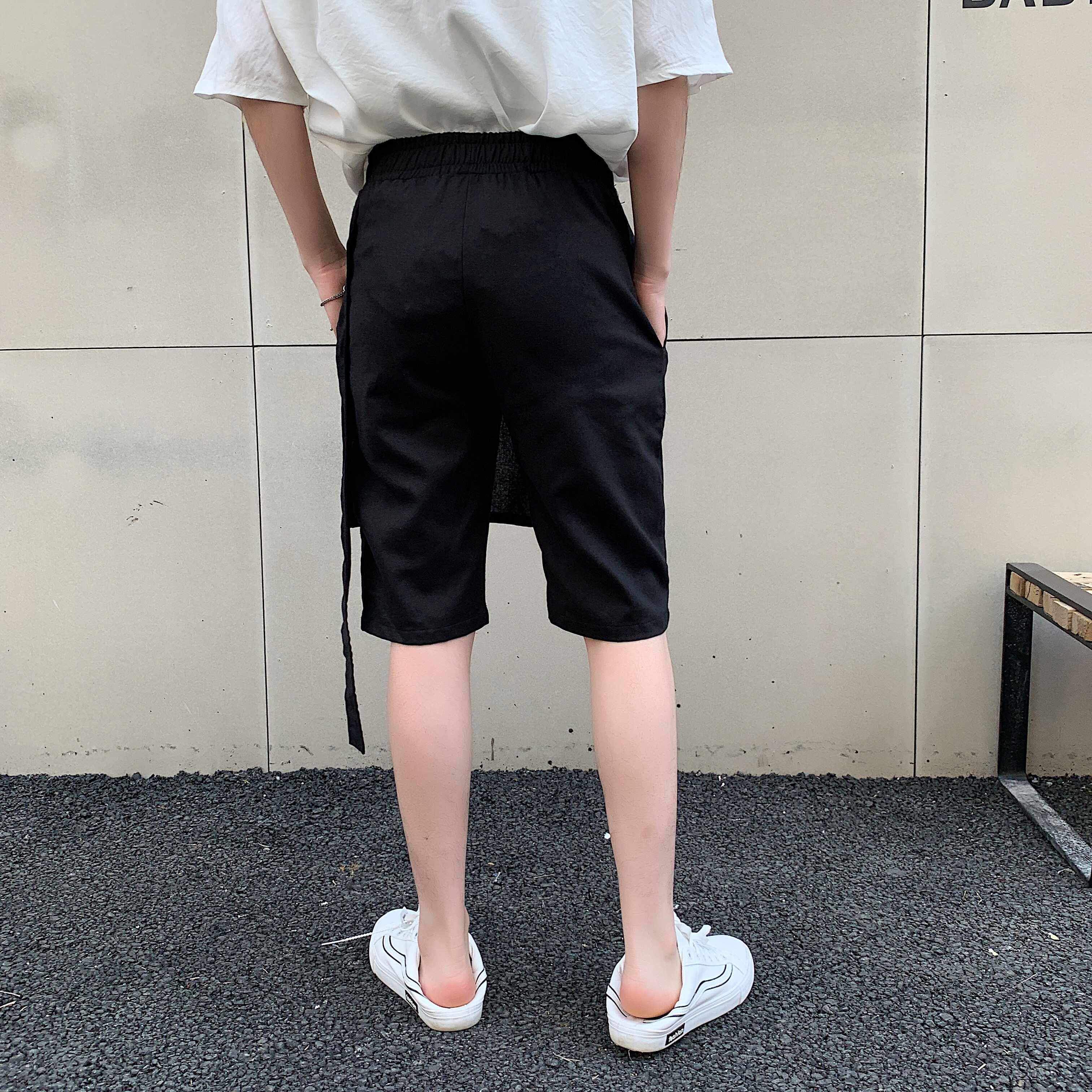 夏季新款飘带前盖布设计五分黑色短裤个性气质A345-1088-P55,男装牛仔裤,电商A345