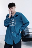 深V绑带海军领复古长袖衬衫A345-1969-P75，男装衬衫，电商A345