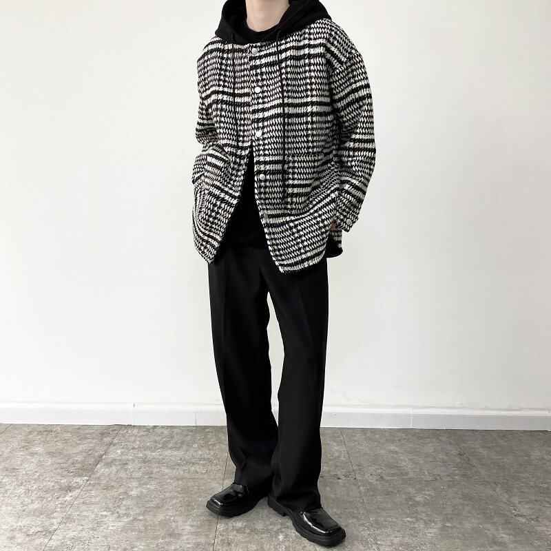 秋冬格子毛呢连帽宽松单排扣中长款外套大衣男潮流A345-1859-P145,女装短外套,电商A345