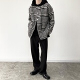 秋冬格子毛呢连帽宽松单排扣中长款外套大衣男潮流A345-1859-P145，女装短外套，电商A345