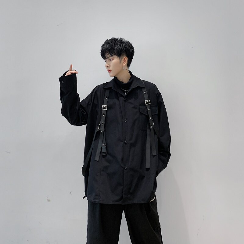 秋季韩版暗黑绑带机能衬衣宽松复古长袖衬衫男女潮A345-1162-P90,男装衬衫,电商A345