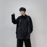 秋季韩版暗黑绑带机能衬衣宽松复古长袖衬衫男女潮A345-1162-P90，男装衬衫，电商A345