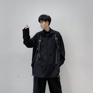 秋季韩版暗黑绑带机能衬衣宽松复古长袖衬衫男女潮A345-1162-P90图片