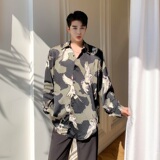 20春季新款风个性衬衣宽松大码仙鹤缎面衬衫男A345-1187-P75，男装衬衫，电商A345