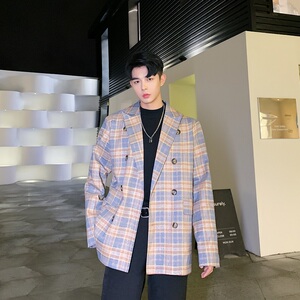 秋季气质撞色格子西装外套男宽松韩版百搭小西服A345-118-P125